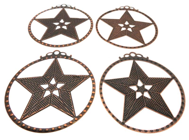 4x Brass Coloured Metal Five Pointed Star Charms
