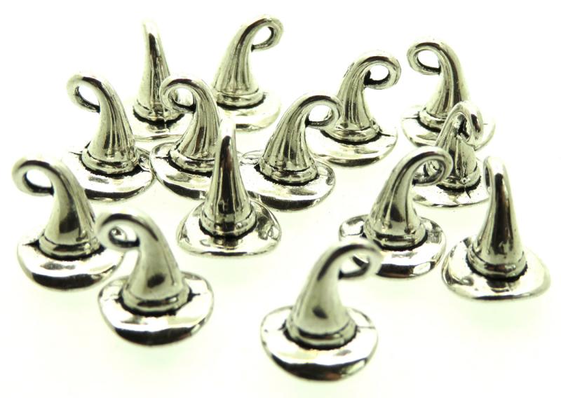 12x Silver Coloured Metal Witches Hat Charms