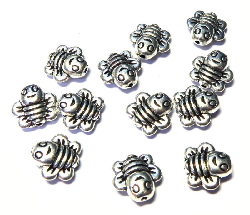 12x Silver Coloured Metal Happy Bee Charm Beads