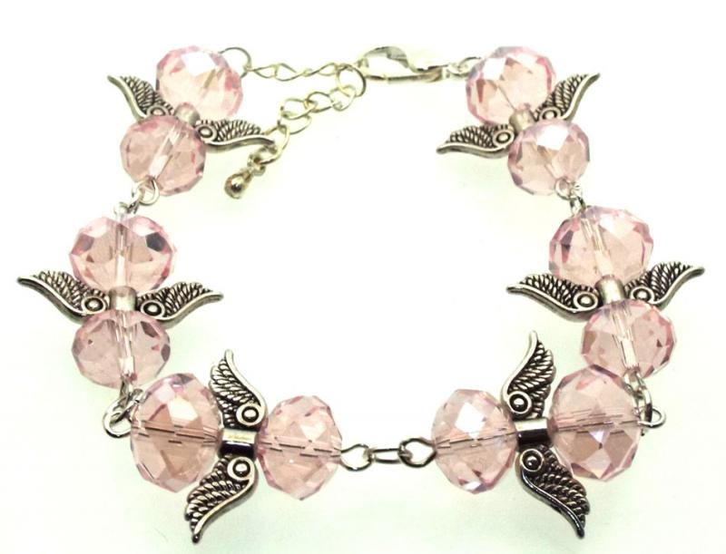 Pink Coloured Crystal Glass Guardian Angel Bracelet