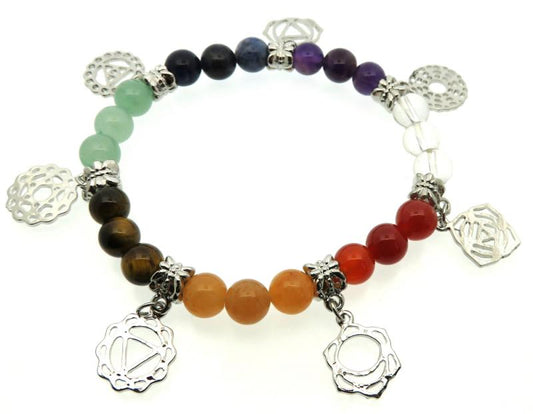Chakra Symbol Gemstone Bead Elasticated Charm Bracelet