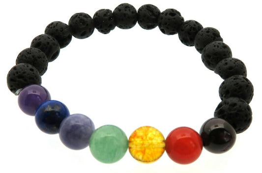 Chakra and Lava Rock Gemstone Bead Elasticated Power Bracelet