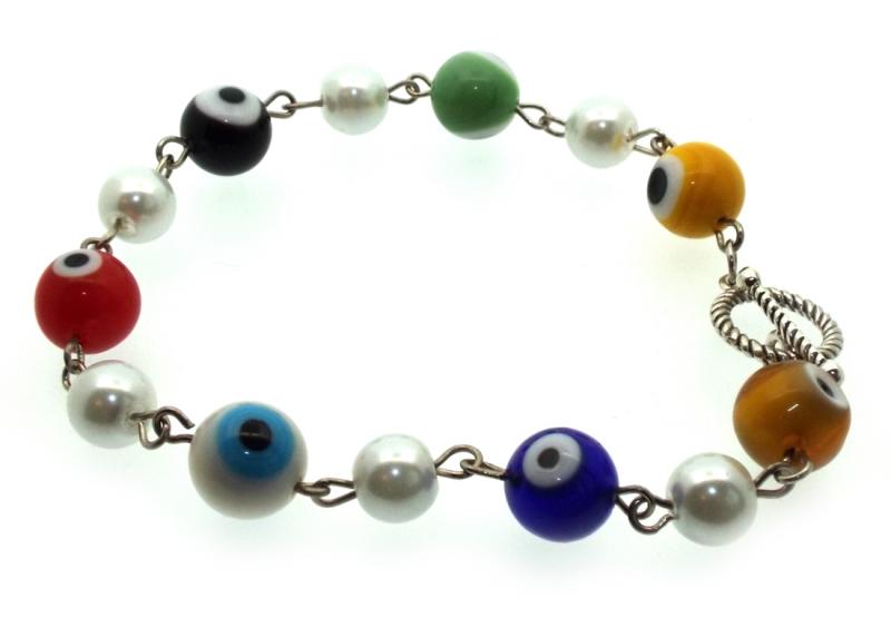 Multi Colour Lampwork Evil Eye and Faux Pearl Bead Bracelet
