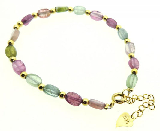 Mixed Tourmaline Sterling Silver Gold Plated Bead Bracelet