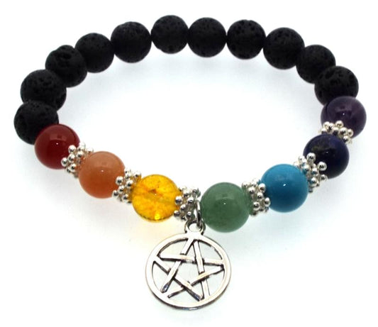 Chakra and Lava Rock Gemstone Bead Pentacle Elasticated Power Bracelet