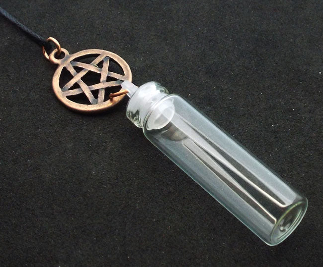 Copper Coloured Metal Pentacle Glass Bottle Pendant