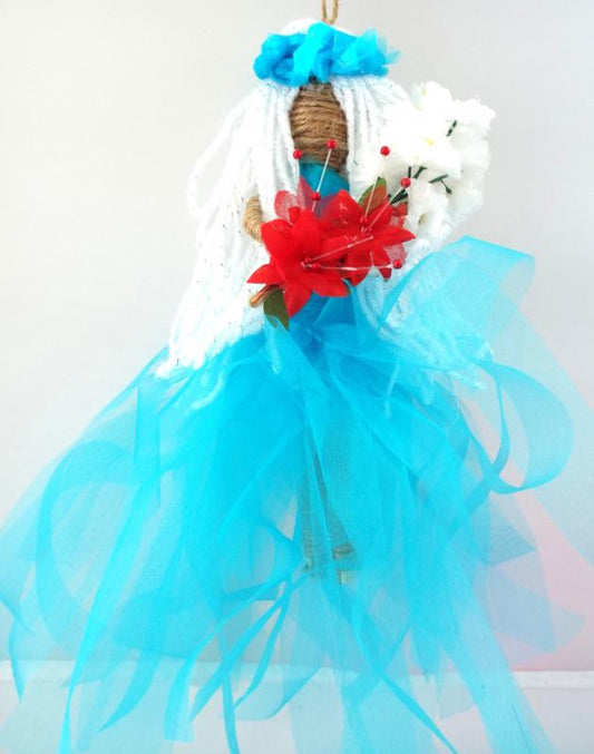 Hand Crafted Hanging Aqua Flower Maiden Doll