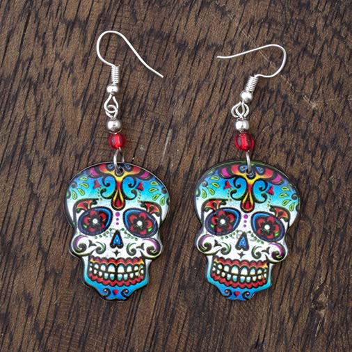 Large Candy Skull Fishhook Earrings