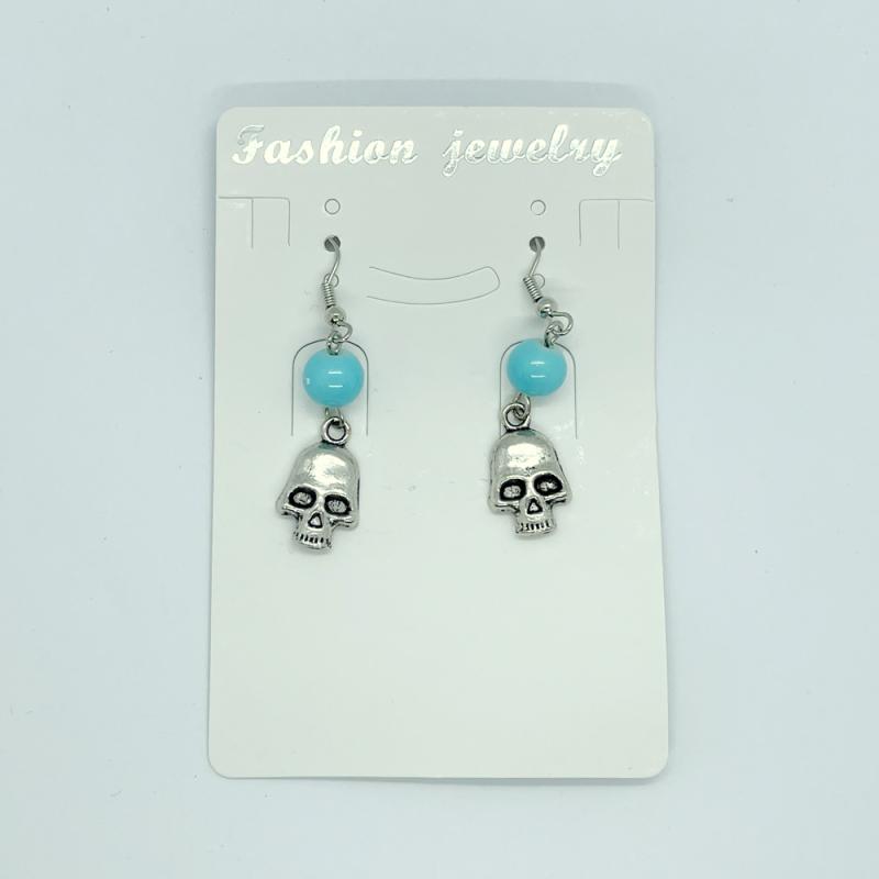 Blue Beaded Skull Fishhook Earrings
