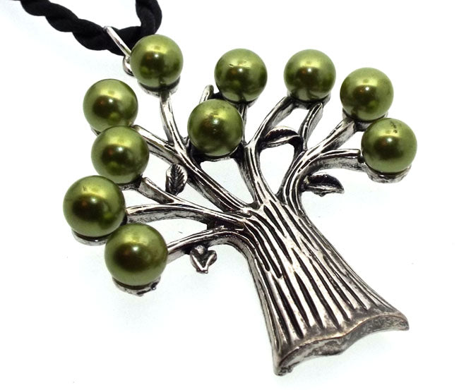 Metal and Green Faux Pearl Tree of Life Pendant