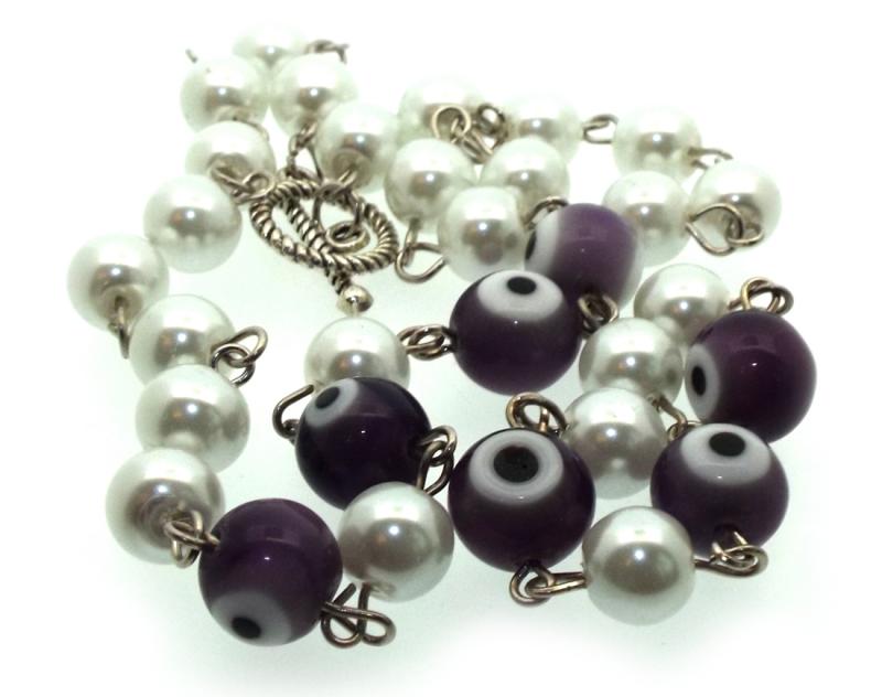 Purple Lampwork Evil Eye and Faux Pearl Bead Necklace