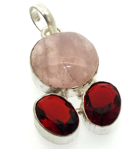 Rose Quartz and Garnet Indian Silver Pendant 01