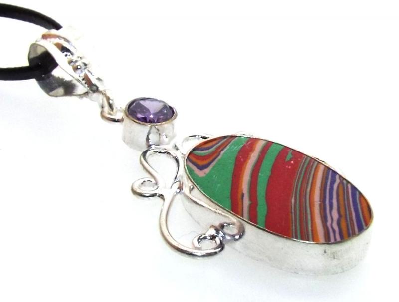 Rainbow Calsilica Indian Silver Pendant 03