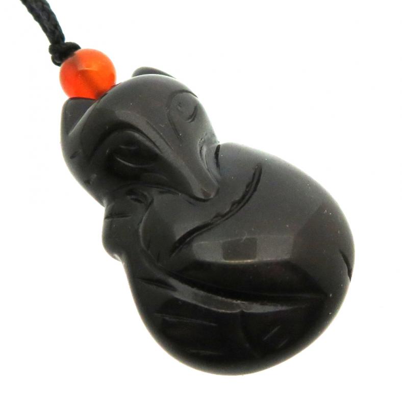 Carved Obsidian Gemstone Fox Pendant