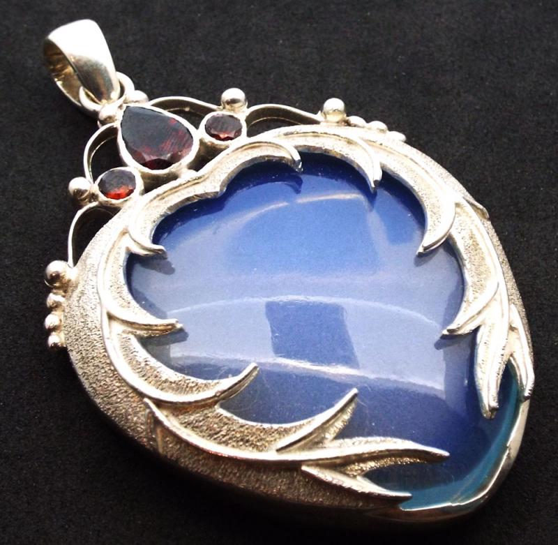 Opalite and Garnet Gemstone Angel Wing Sterling Silver Pendant 01
