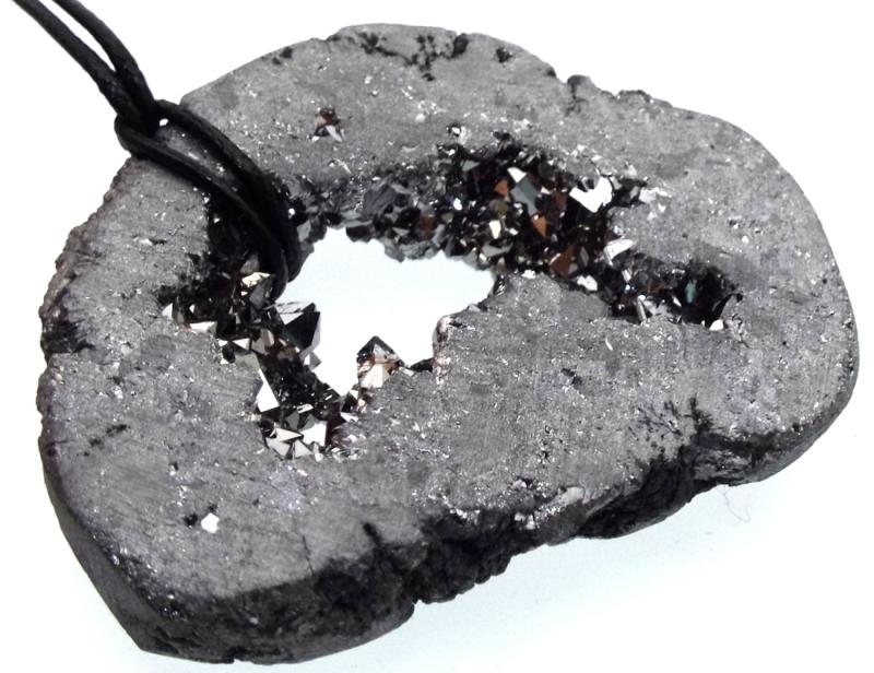 Silver Aura Quartz Freeform Geode Slice Pendant 08