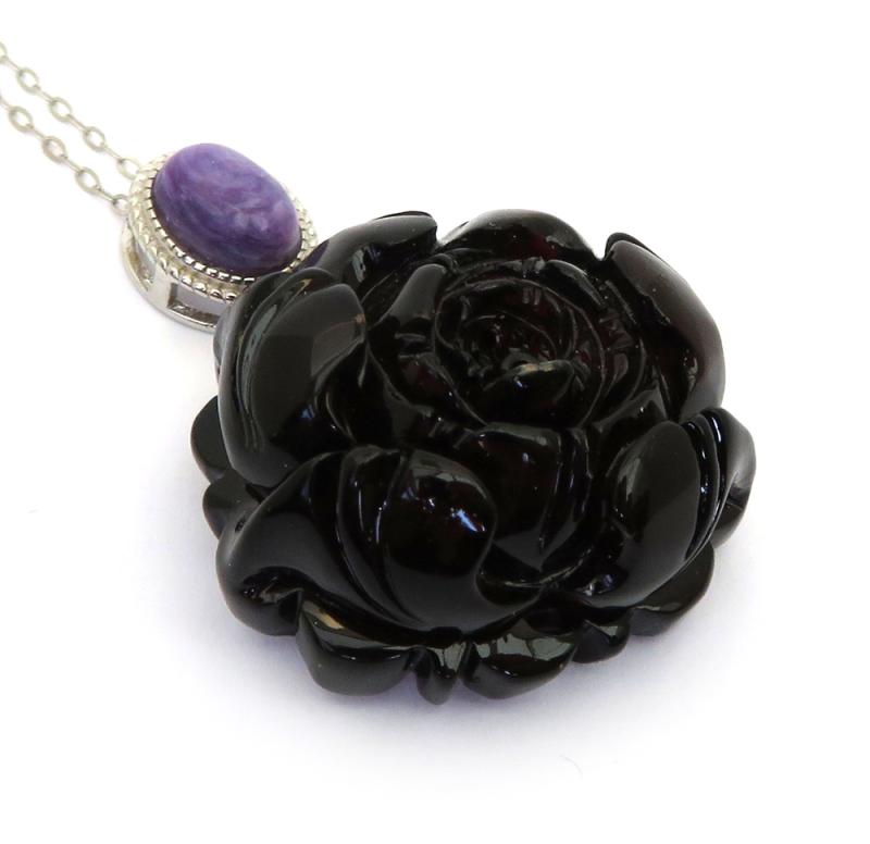 Blood Amber Carved Lotus and Charoite Pendant