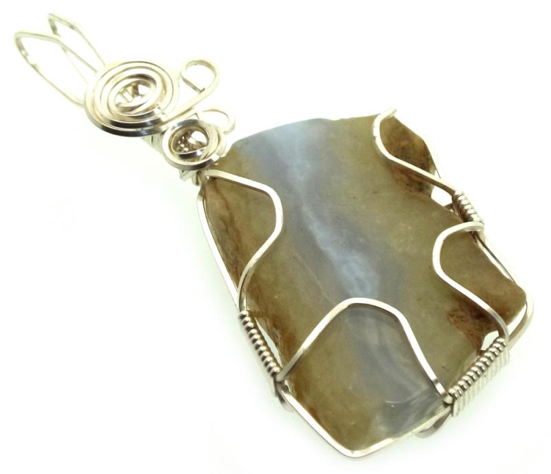 Natural Blue Lace Agate Silver Plated Wire Wrapped Pendant 04
