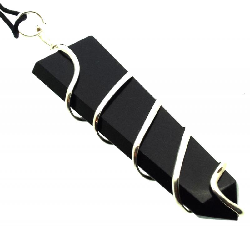 Black Agate Faceted Point Spiral Wire Wrapped Pendant