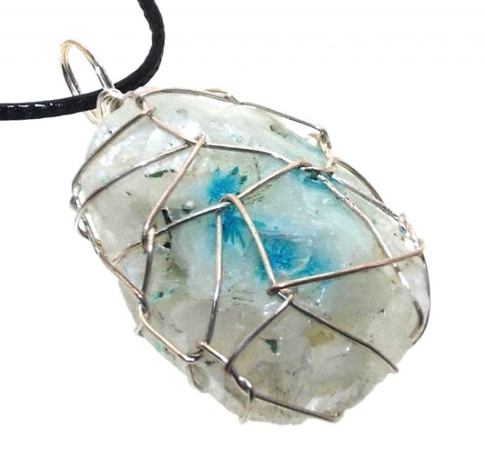 Cavansite Silver Plated Wire Wrapped Pendant 01