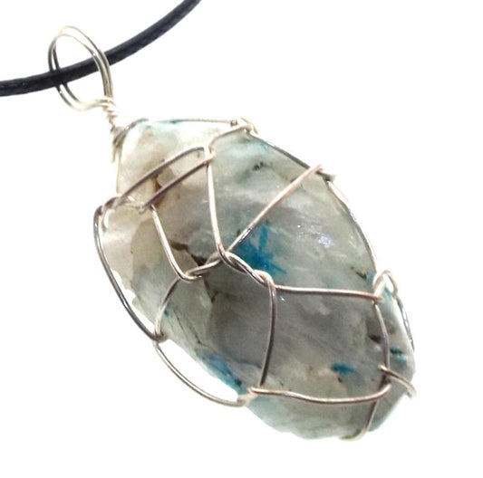 Cavansite Silver Plated Wire Wrapped Pendant 04