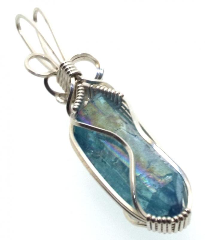 Aqua Aura Quartz Sterling Silver Wire Wrapped Pendant 05