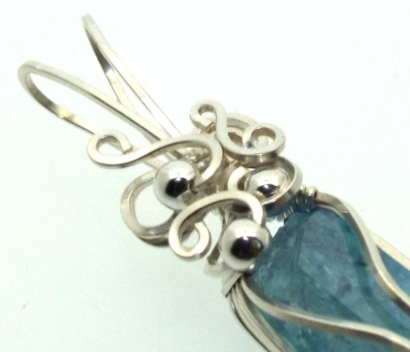 Aqua Aura Quartz Sterling Silver Wire Wrapped Pendant 07