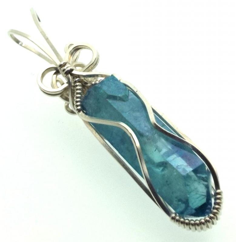 Aqua Aura Quartz Sterling Silver Wire Wrapped Pendant 07