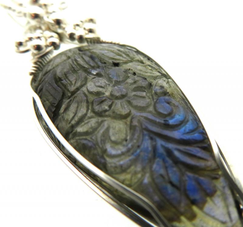 Hand Carved Labradorite Sterling Silver Wire Wrapped Pendant 01