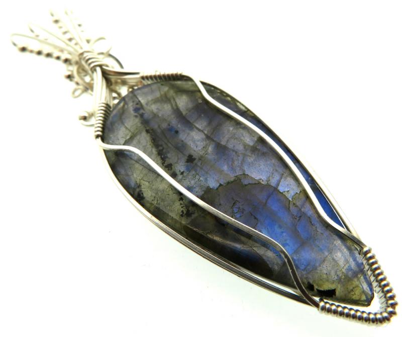 Hand Carved Labradorite Sterling Silver Wire Wrapped Pendant 01
