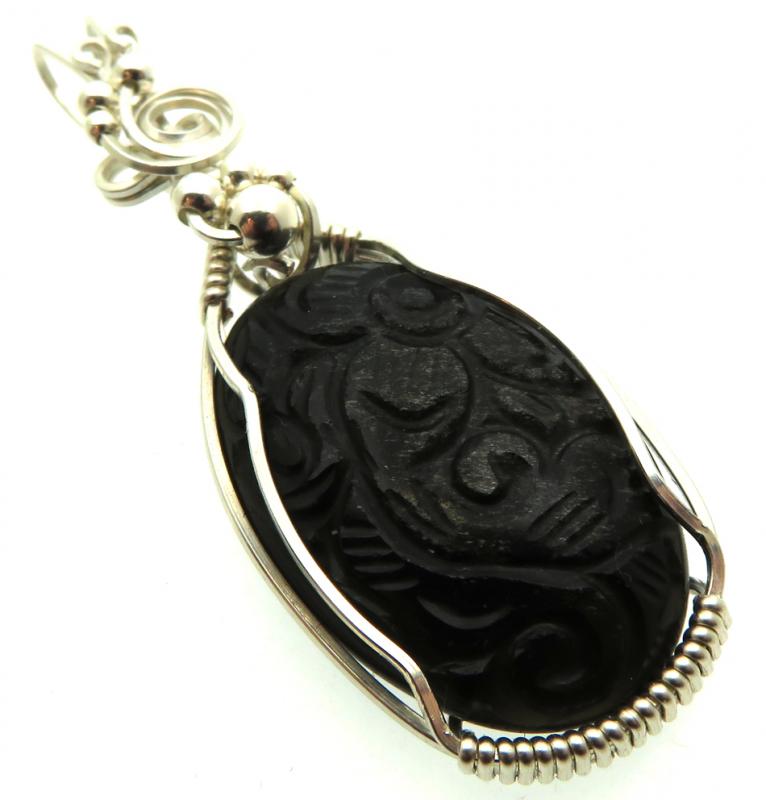 Hand Carved Silver Sheen Obsidian Sterling Silver Wire Wrapped Pendant 01