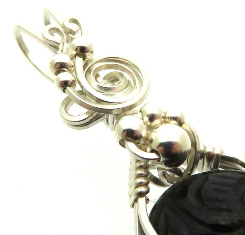 Hand Carved Silver Sheen Obsidian Sterling Silver Wire Wrapped Pendant 01