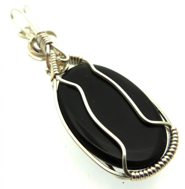 Hand Carved Silver Sheen Obsidian Sterling Silver Wire Wrapped Pendant 01