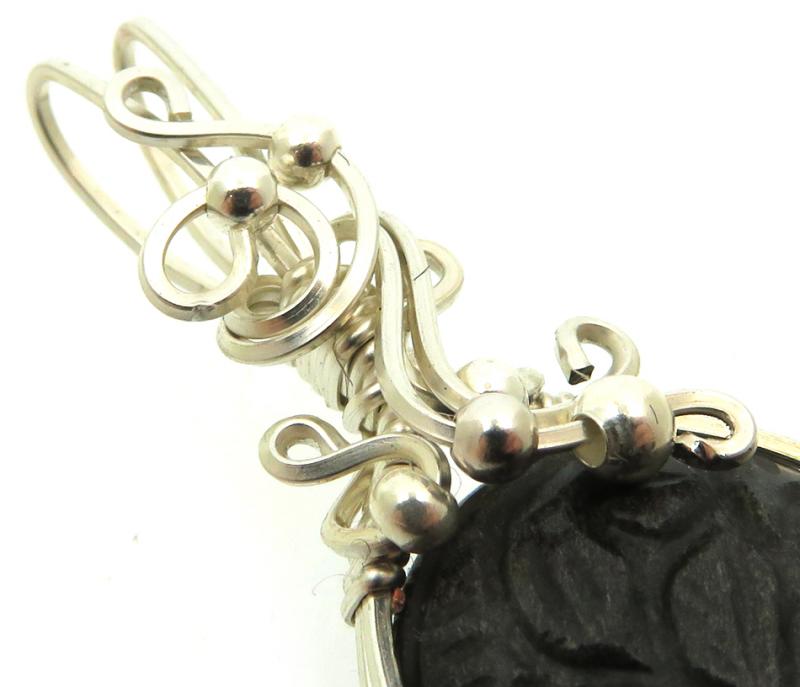 Hand Carved Silver Sheen Obsidian Sterling Silver Wire Wrapped Pendant 02