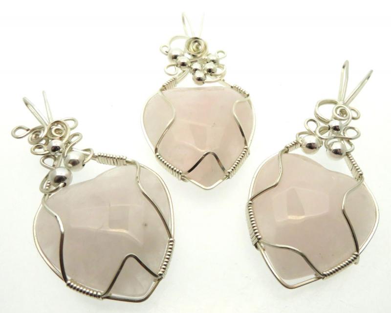 Lucky Dip Rose Quartz Heart Silver Plated Wire Wrapped Pendant