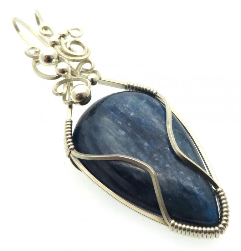 Blue Kyanite Gemstone Sterling Silver Wire Wrapped Pendant 03