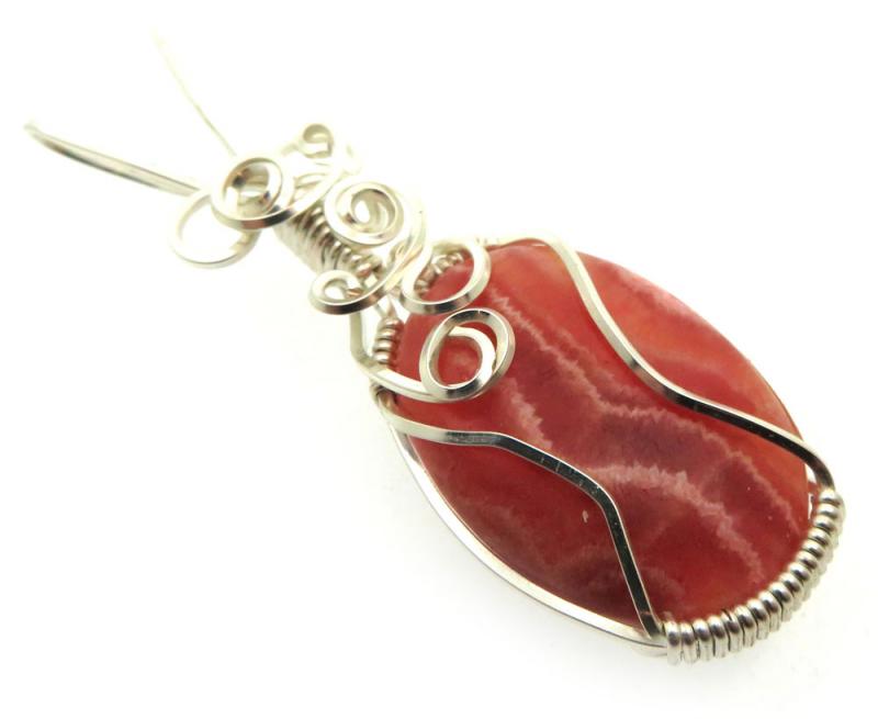 Rhodochrosite Gemstone Silver Plated Wire Wrapped Pendant 01