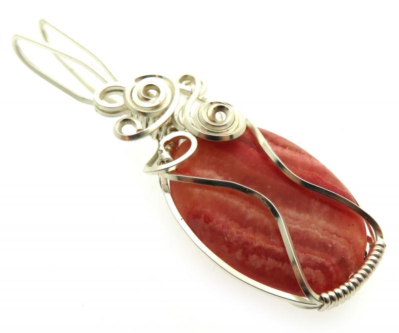 Rhodochrosite Gemstone Silver Plated Wire Wrapped Pendant 04