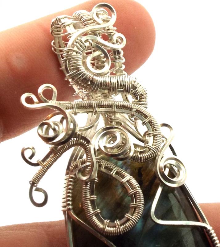 Labradorite Gemstone Silver Plated Wire Weave Pendant 22