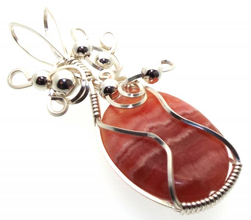 Rhodochrosite Gemstone Silver Plated Wire Wrapped Pendant 12