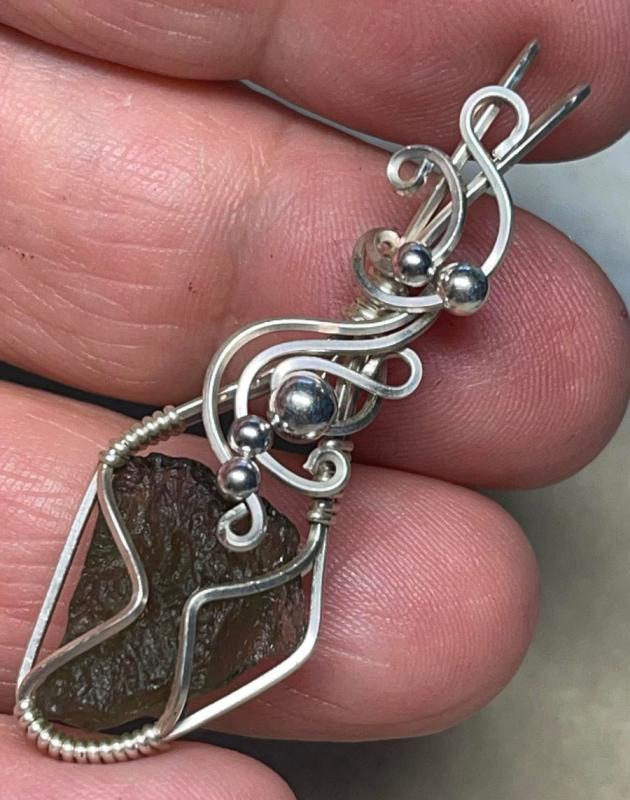 Moldavite Gemstone Sterling Silver Wire Wrapped Pendant 05