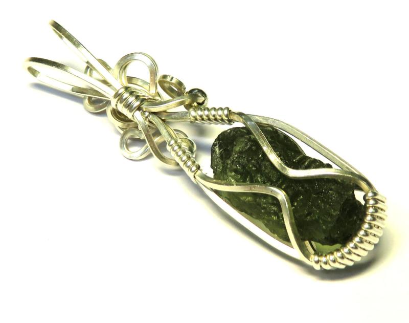 Moldavite Gemstone Sterling Silver Wire Wrapped Pendant 08