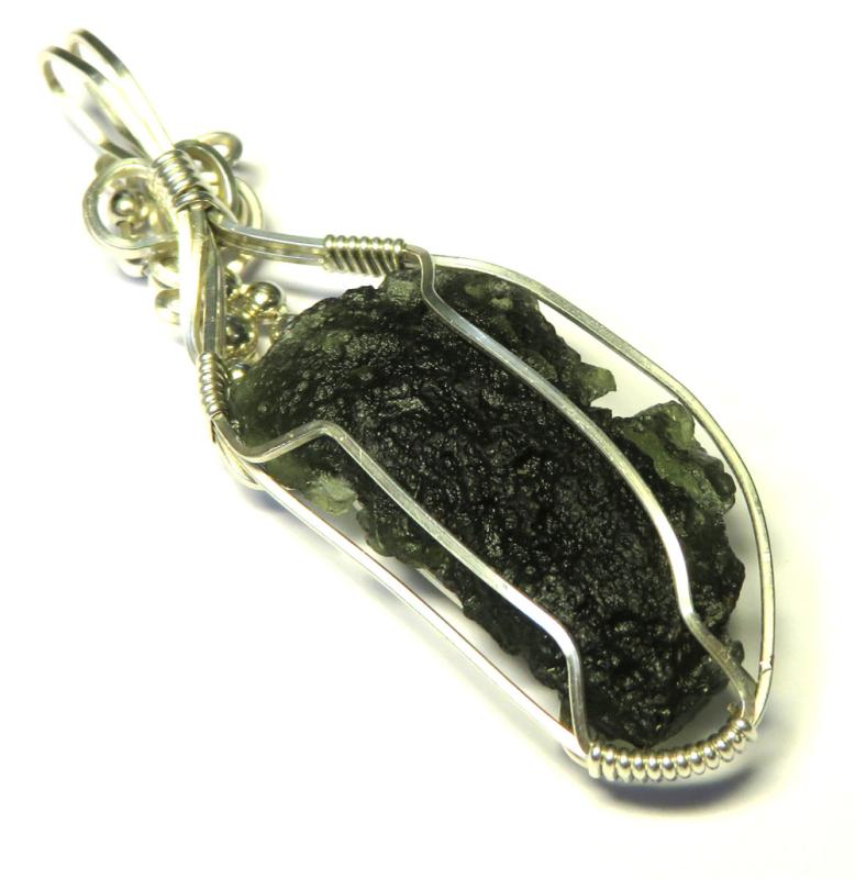 Moldavite Gemstone Sterling Silver Wire Wrapped Pendant 10