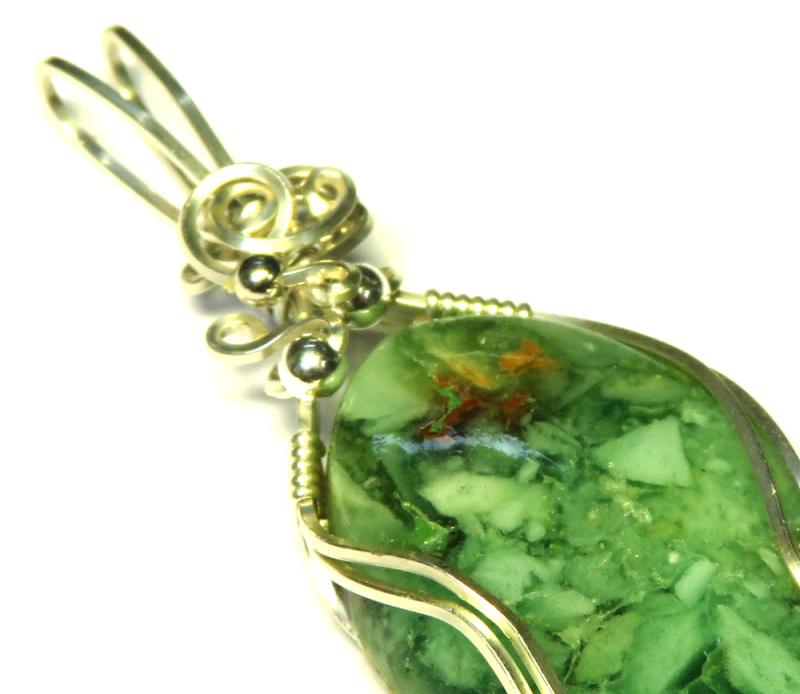 Green Opal Sterling Silver Wire Wrapped Pendant 02