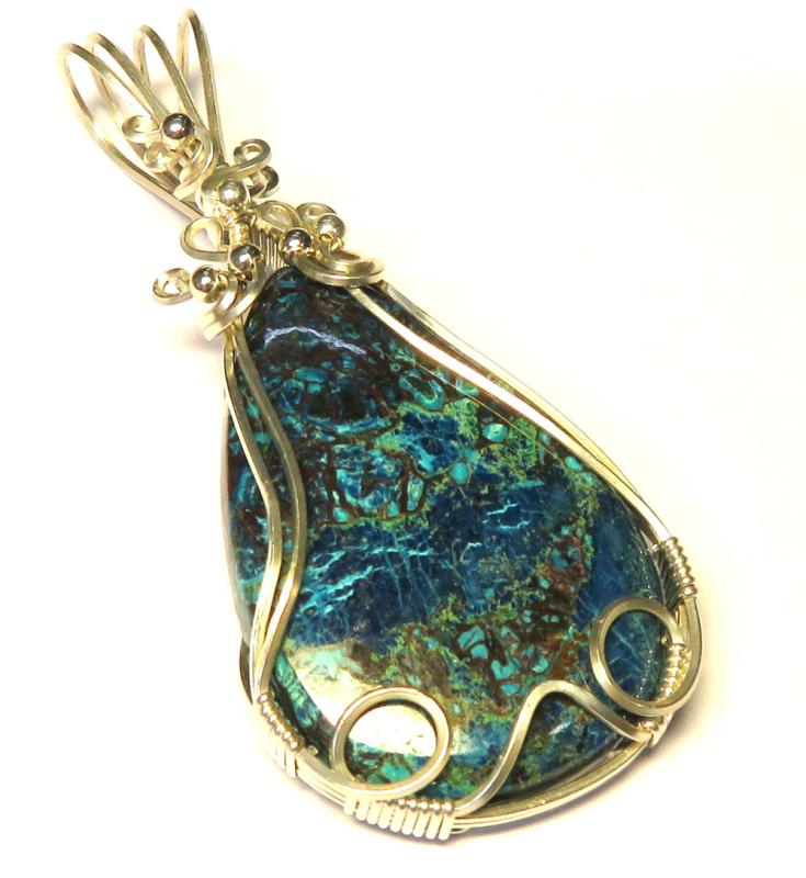 Shattuckite Gemstone Sterling Silver Wire Wrapped Pendant 01