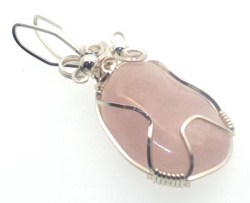 Rose Quartz Gemstone Silver Plated Wire Wrapped Pendant 02