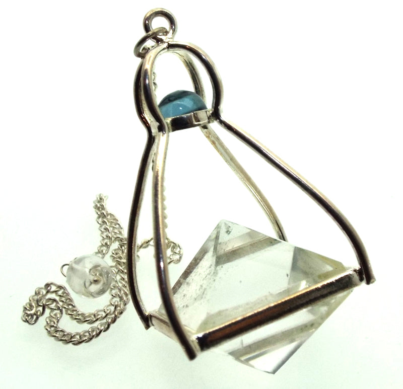 Double Quartz Gemstone Pyramid with Blue Topaz Pendulum