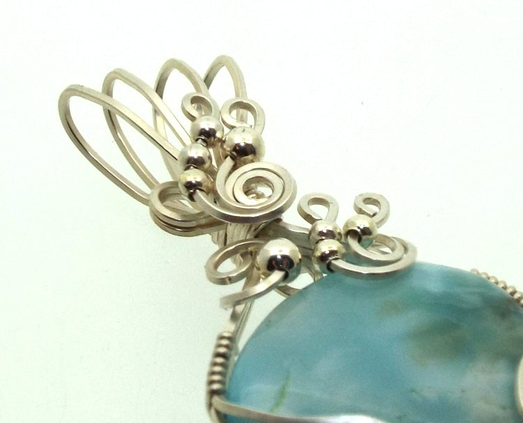 Larimar Gemstone Sterling Silver Wire Wrapped Pendant 02