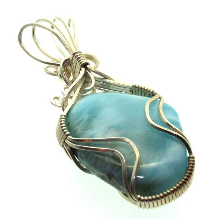 Larimar Gemstone Sterling Silver Wire Wrapped Pendant 02