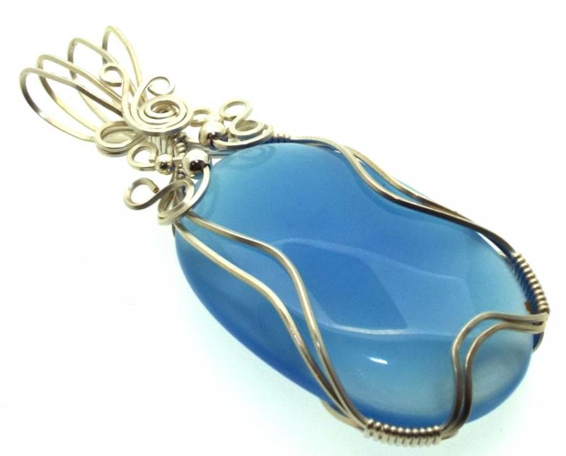 Blue Chalcedony Gemstone Sterling Silver Wire Wrapped Pendant 01